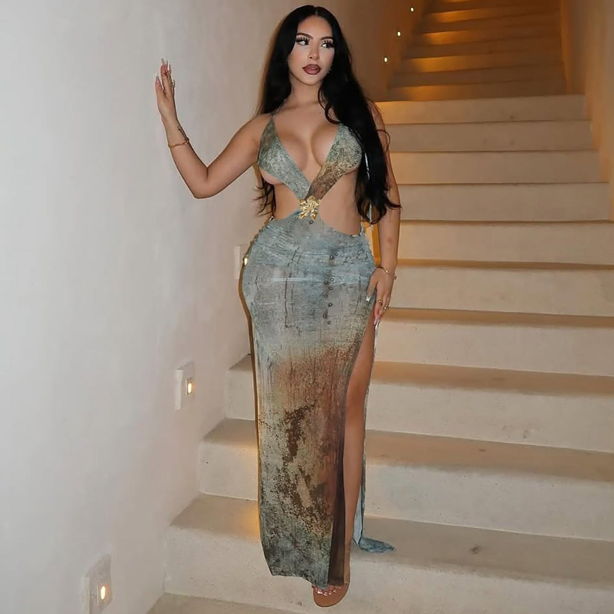 Robe moulante fendue imprimée et sexy à découpes pour femme