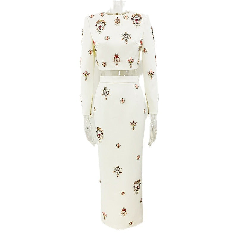 Fashion New Heavy Industry Beads Diamond Inlaid Short Top Long Skirt Suit Two-piece Set
