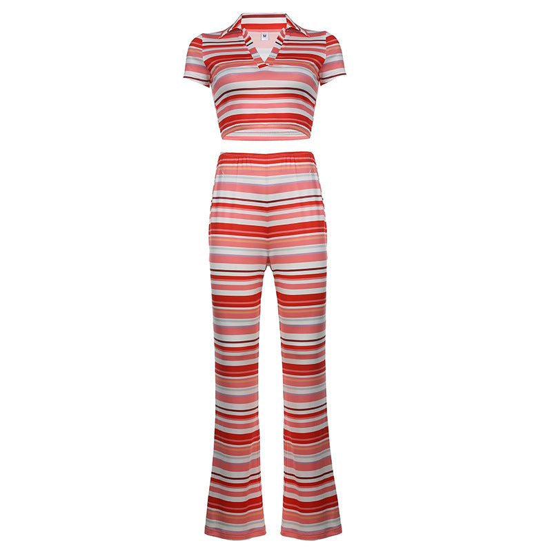 Short Sleeve Crop Slim Top High Waist Straight Slim Trousers Two-piece Set
