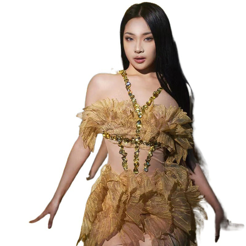 Champagne Gold Rhinestone Halter Sleeveless Wings Blade Short Footwear