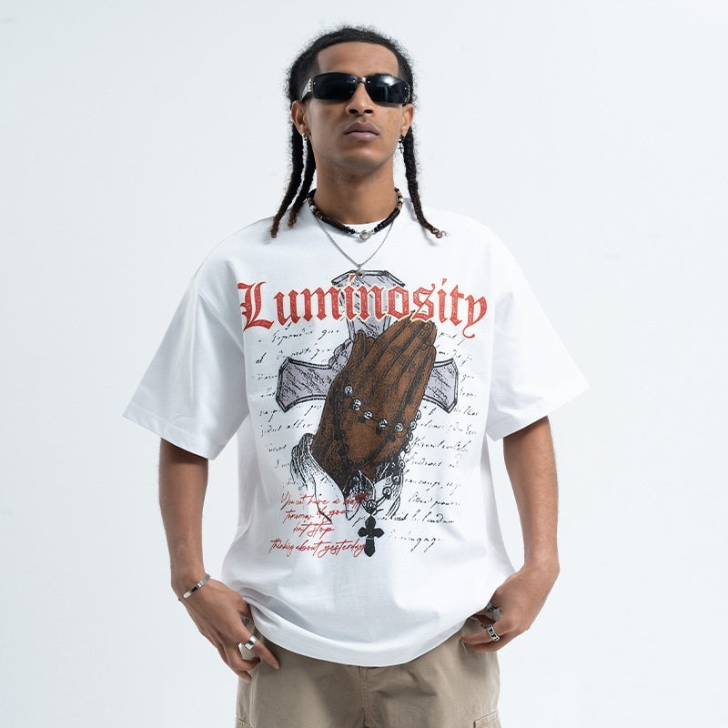 T-shirt ample à manches courtes et imprimé croix vintage pour homme