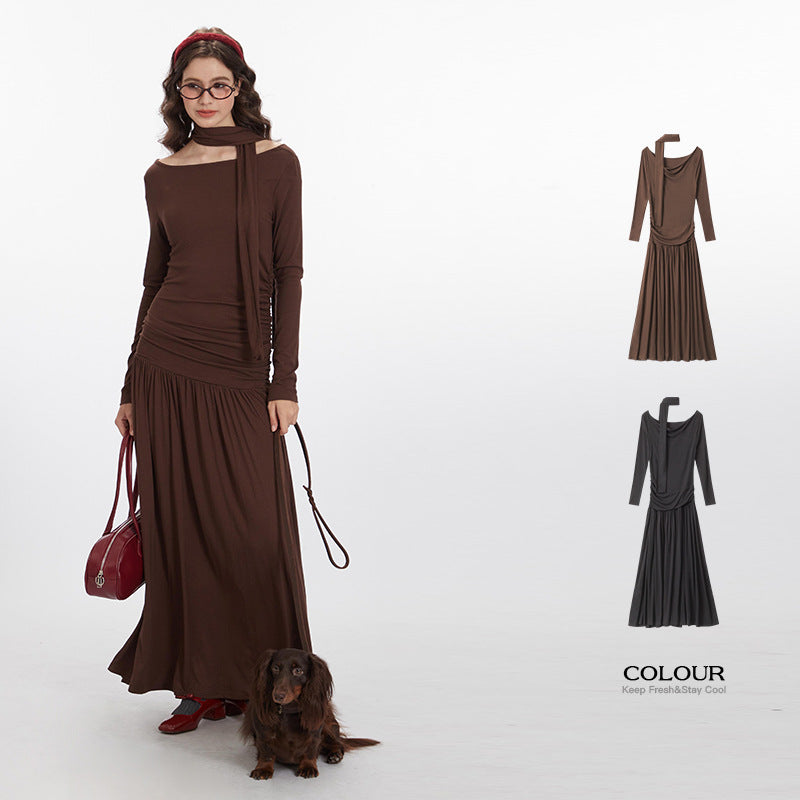 Off-shoulder Collar Dress Women's Spring And Autumn Fitted Waist Pleated Slimming And Long