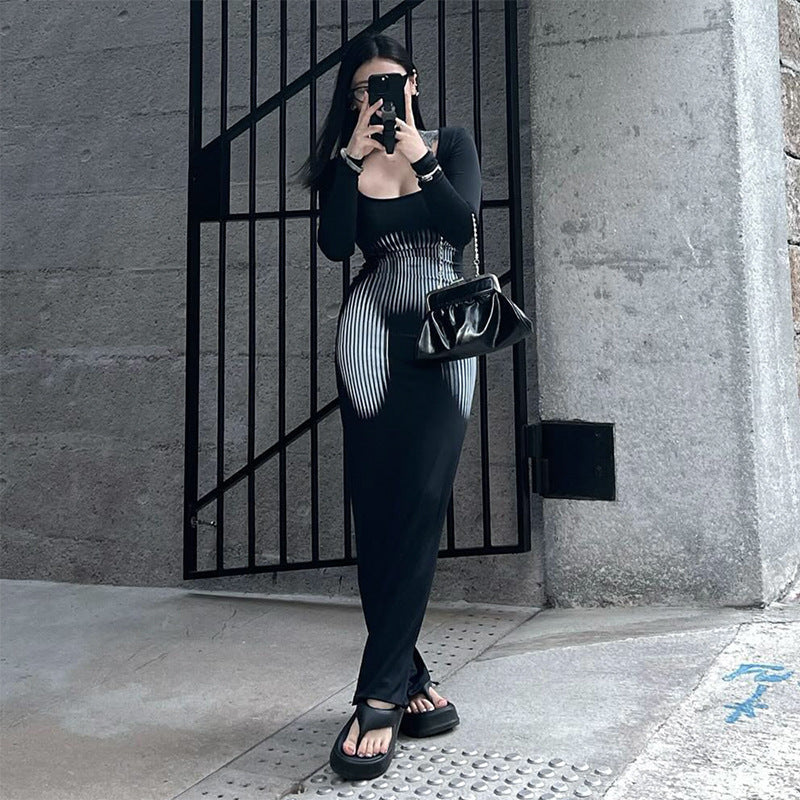 Square Collar Long Sleeve High Waist Sheath Dress Ladies