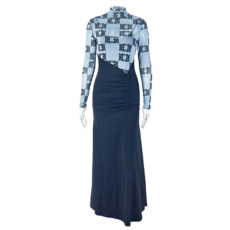 Stand Collar Long Sleeve Fake Two-piece Maxi Dress