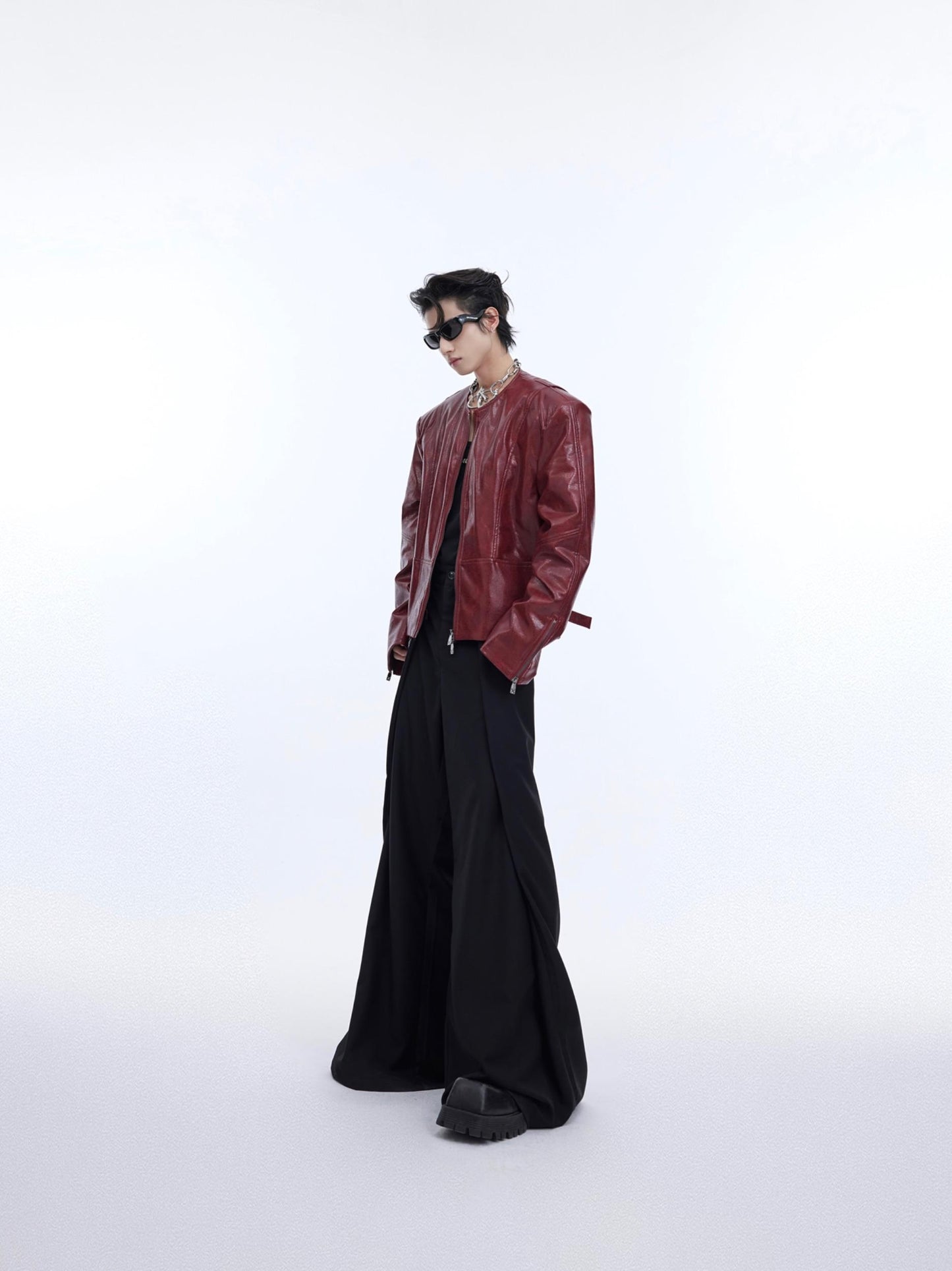 Texture Sense Padded Shoulder Leather Coat Men
