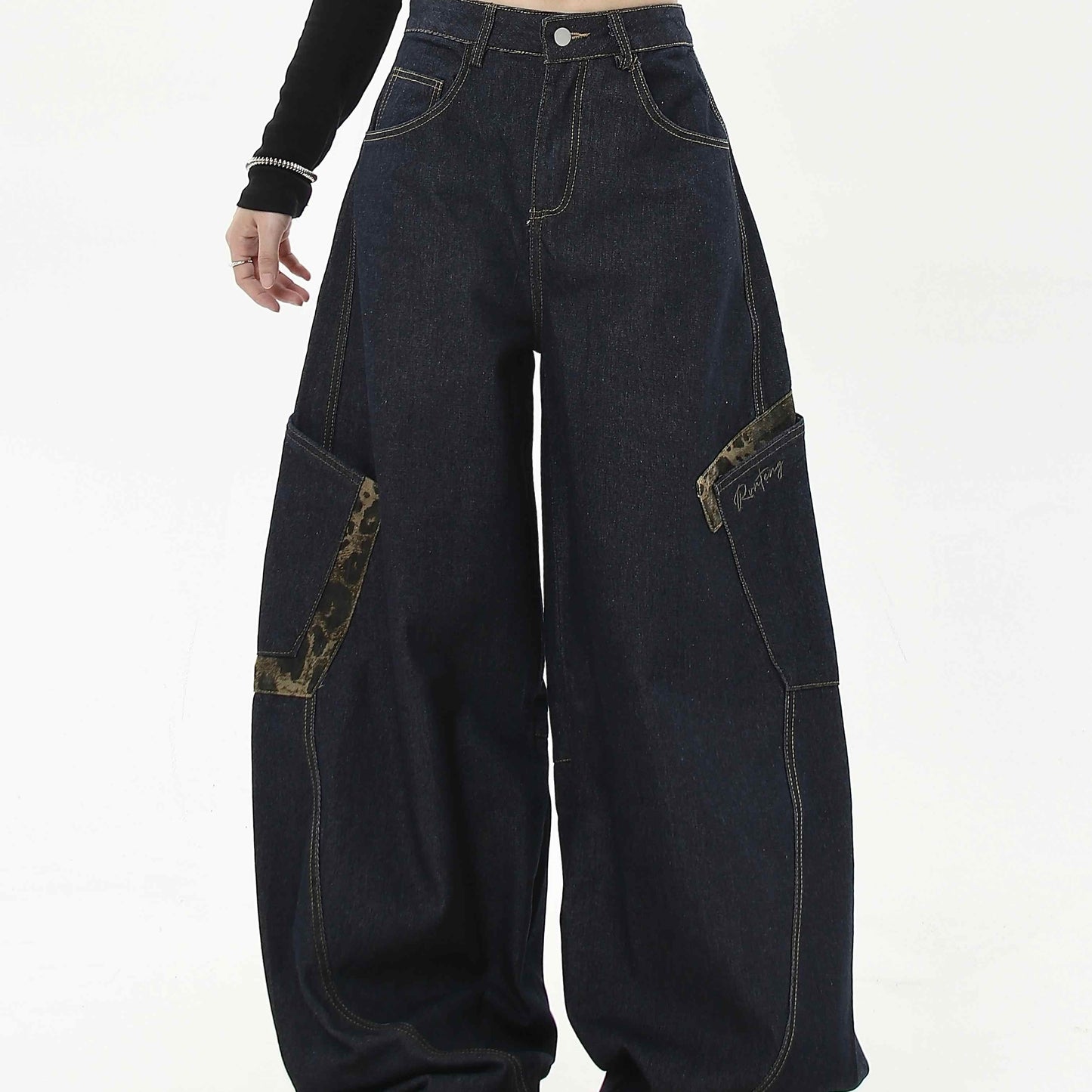 Vintage Leopard Print Patchwork Large Workwear With Pocket Jeans