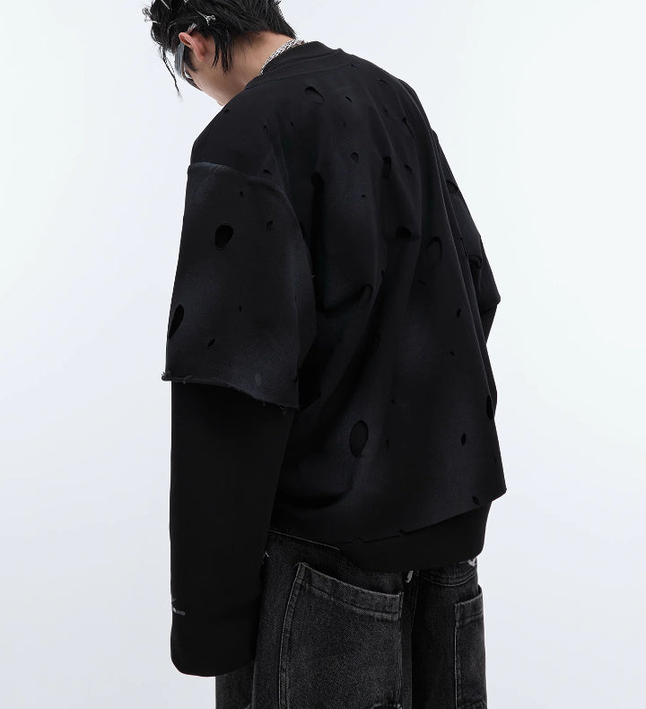 Retro Washed  Broken Hole Design Long-sleeved Sweater