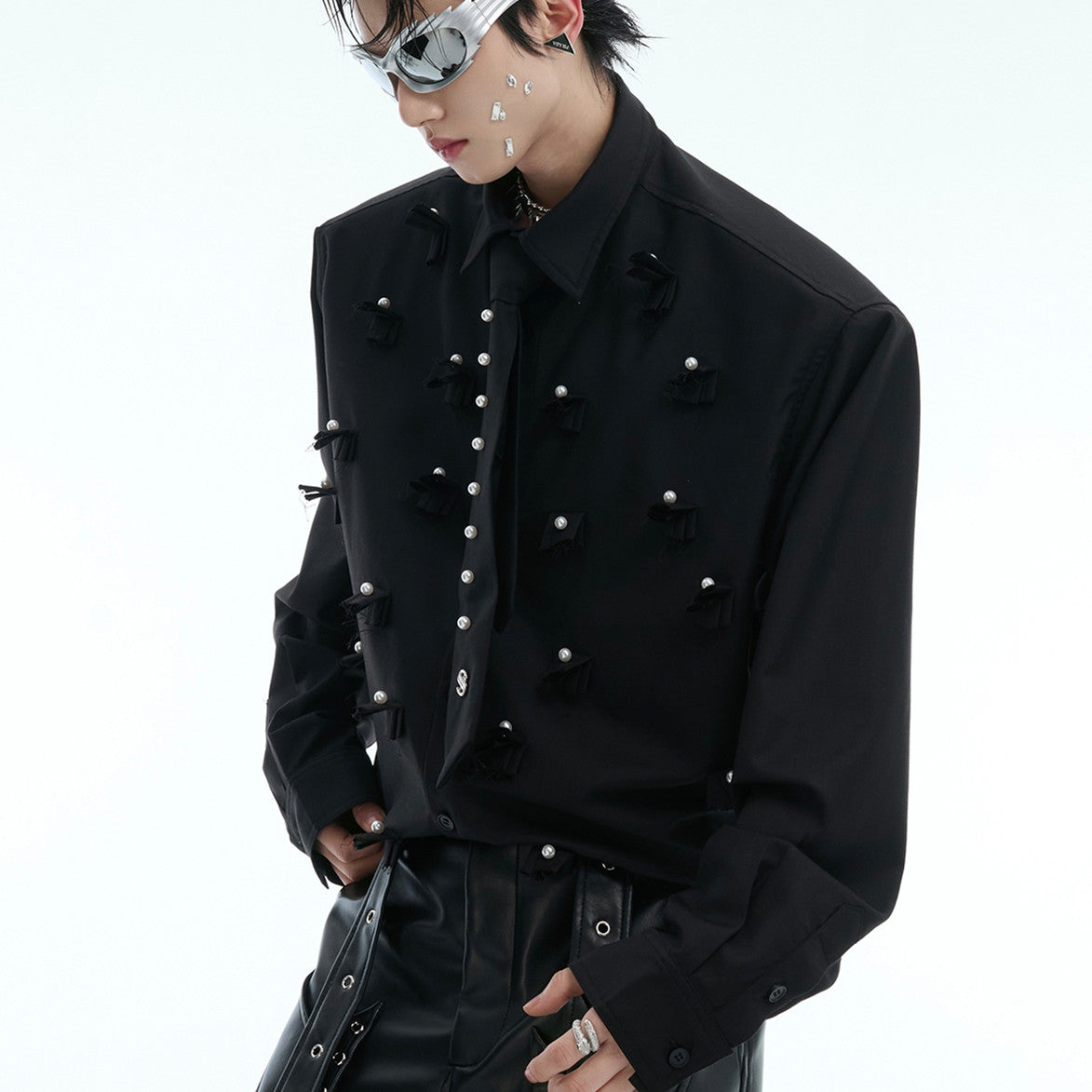 Niche Pearl Embellished Padded Shoulder Shirt Men's Tie Stitching Loose Cardigan