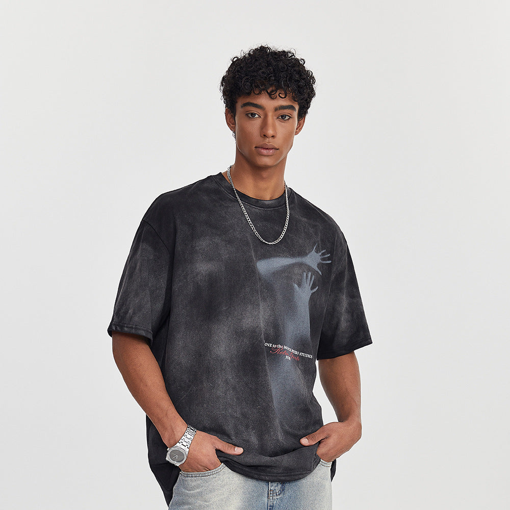 Fuzzy Figure Short-sleeved T-shirt Men's Tie-dye Gradient Paint Top