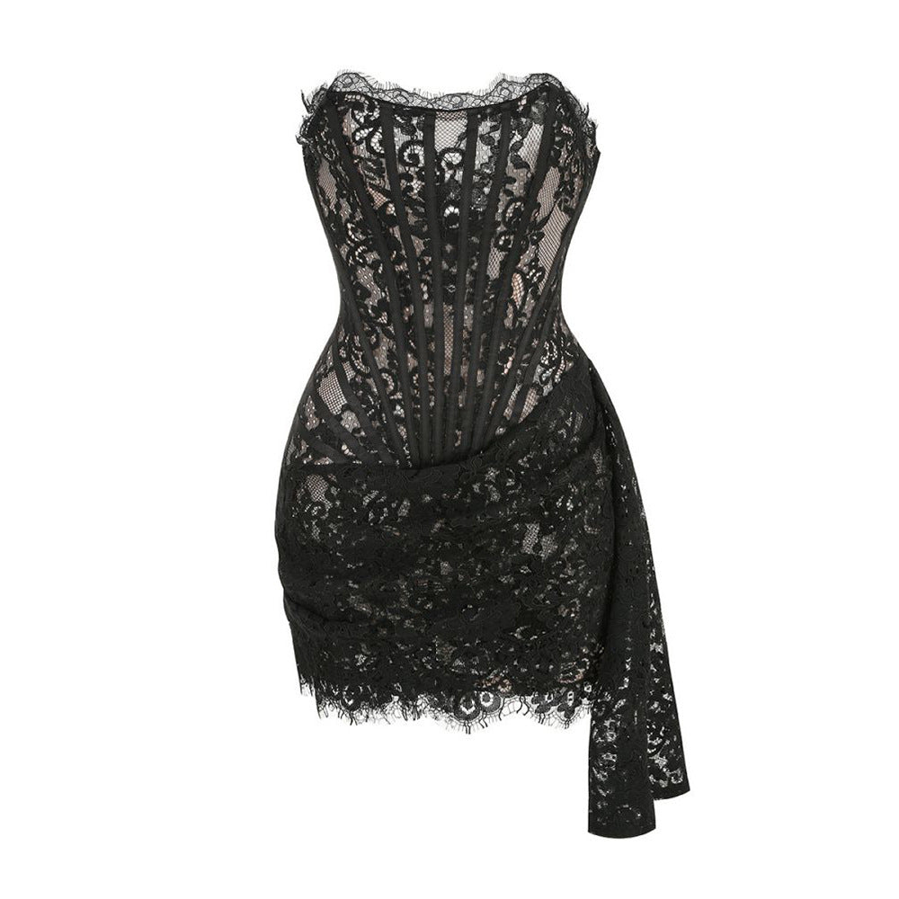 Lace See-through Stitching Waist Tube Top Dress