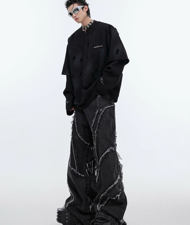 Retro Washed  Broken Hole Design Long-sleeved Sweater