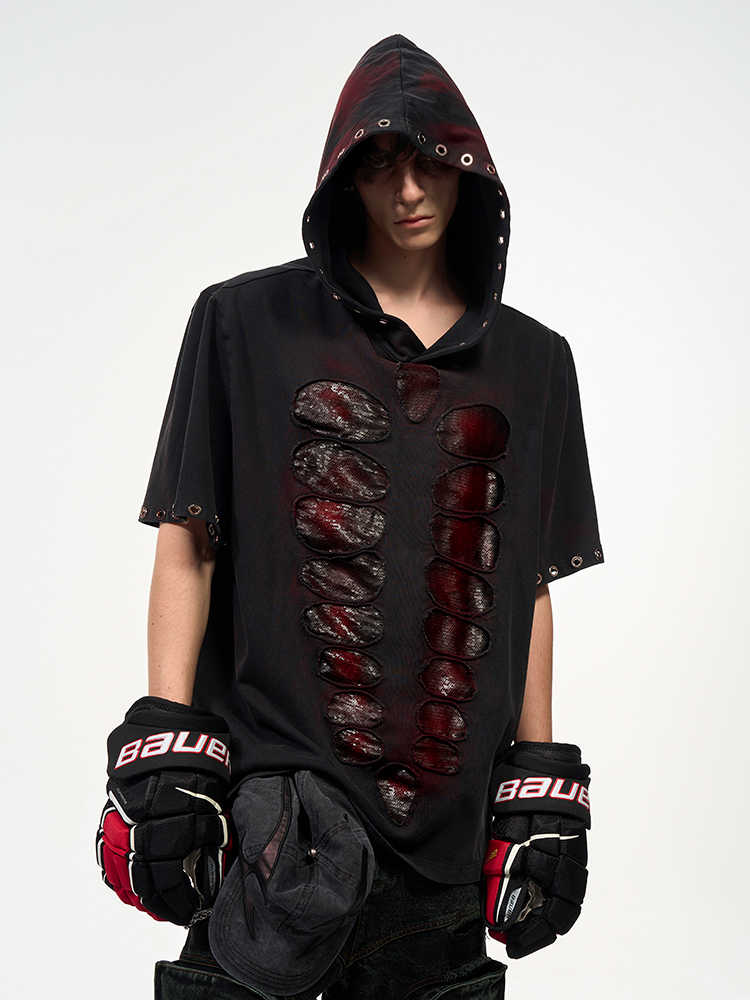 Hooded Short-sleeved Men's Cut Sequins Loose-fitting T-shirt