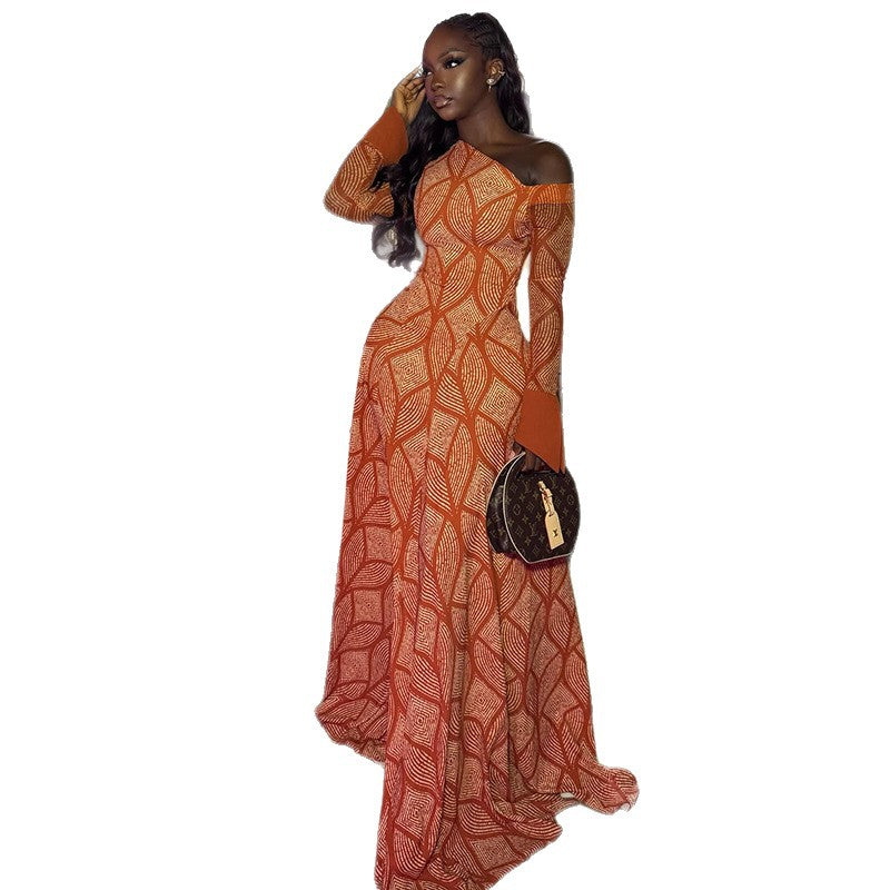 Commuting A-line Skirt One-shoulder Collar Long Sleeve Dress