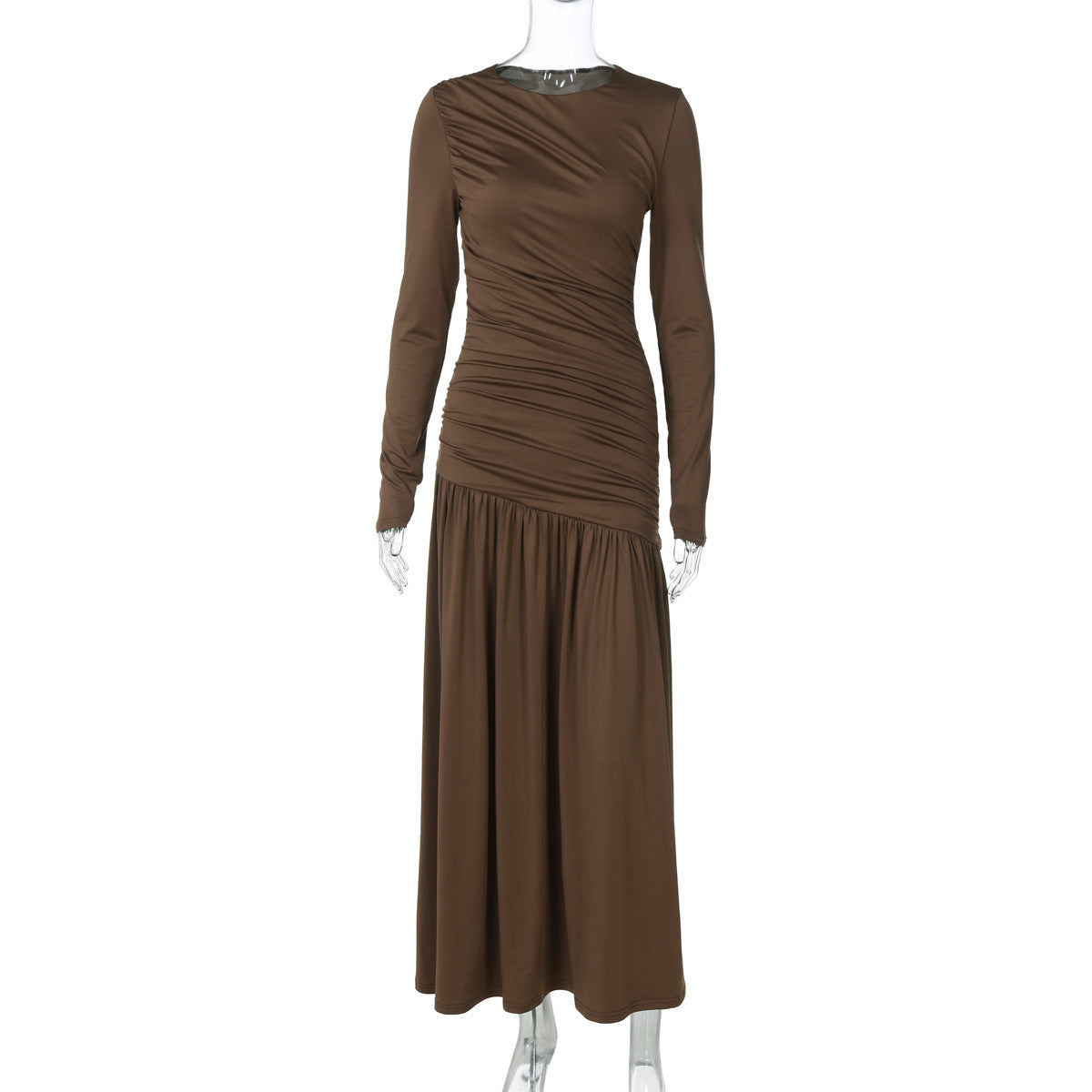 Solid Color Fashion Slim-fit Pleated Round-neck Long-sleeved Dress