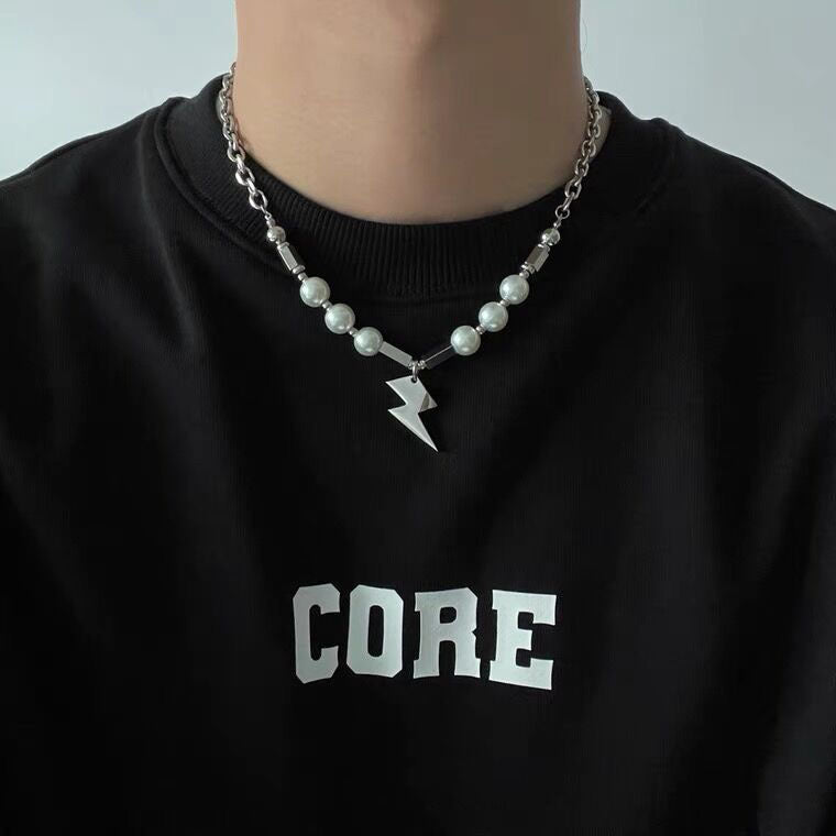 Niche Design Pearl Mosaic Lightning Pendant Necklace Men