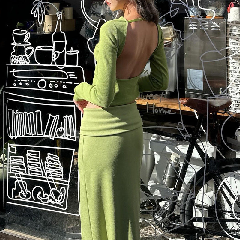 Round Neck Long Sleeve T-shirt Patchwork Slit Long Skirt Suit