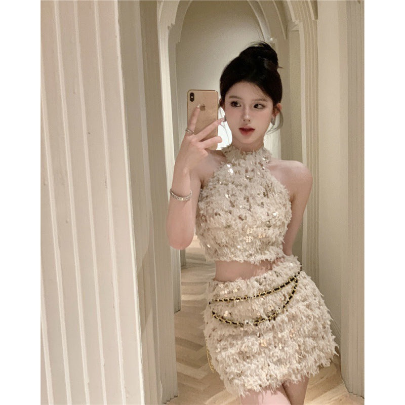 Sequined Tassel Halter Spaghetti Straps Vest Sheath Skirt