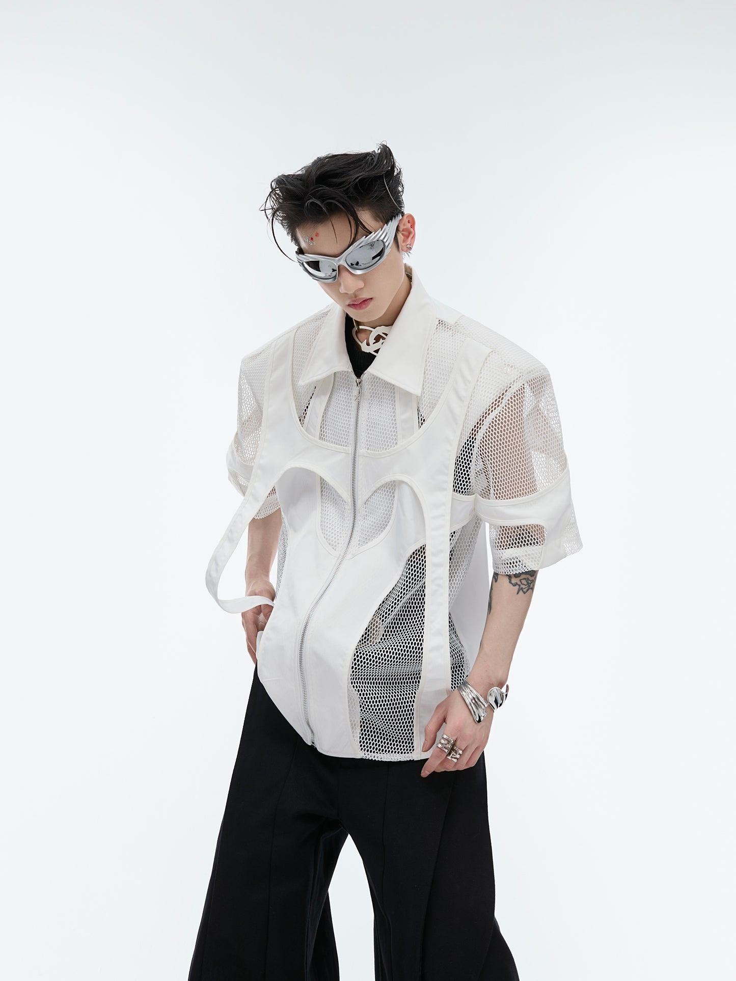 Hollow Mesh Short-sleeved Shirt Double-layer Stitching Loose T-shirt Coat