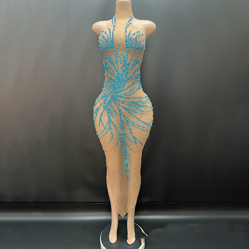 Robe de soirée tendance à cristaux brillants et vaporeux