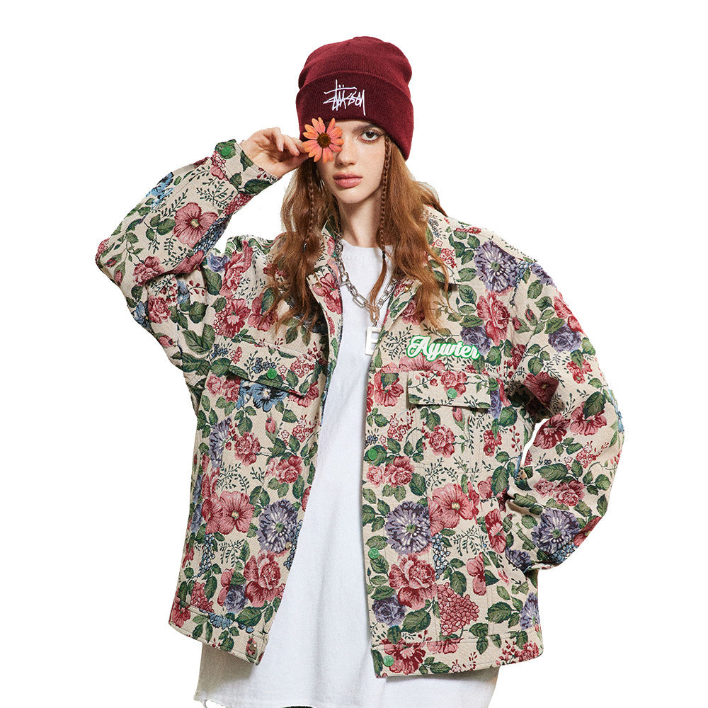 Veste ample à imprimé floral teint en fil, style rétro américain