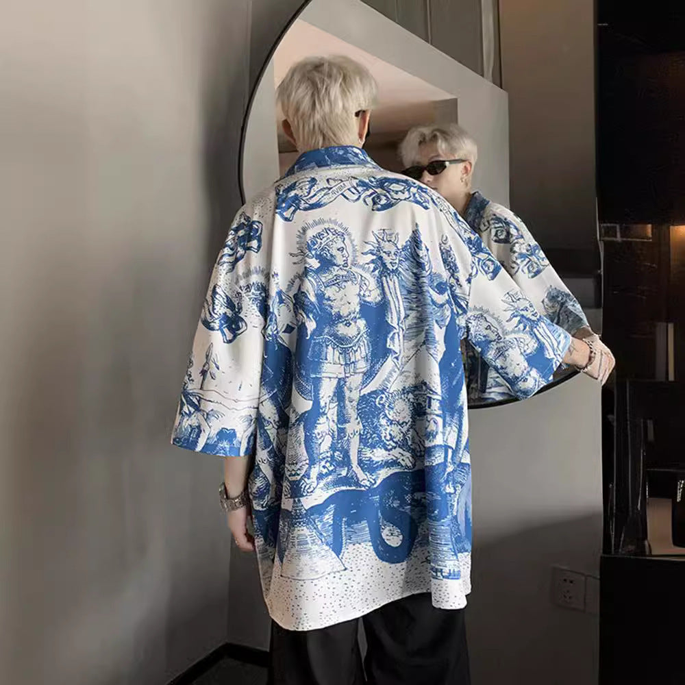 Chemise en soie glacée imprimée en relief style vacances Cuba avec nœud papillon américain