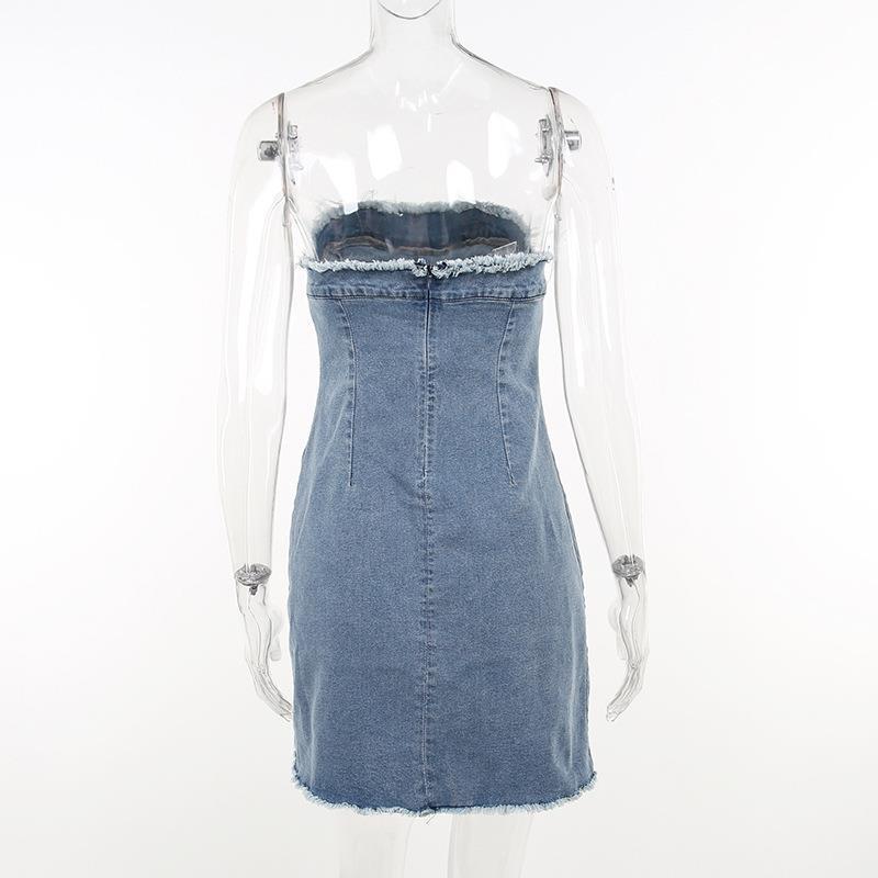 Ripped Wool Tops Denim Tube Top Wrapped Chest Sheath Dress