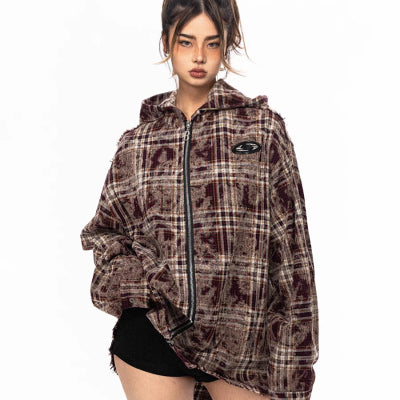 Retro Plaid Hooded Zip Jacket