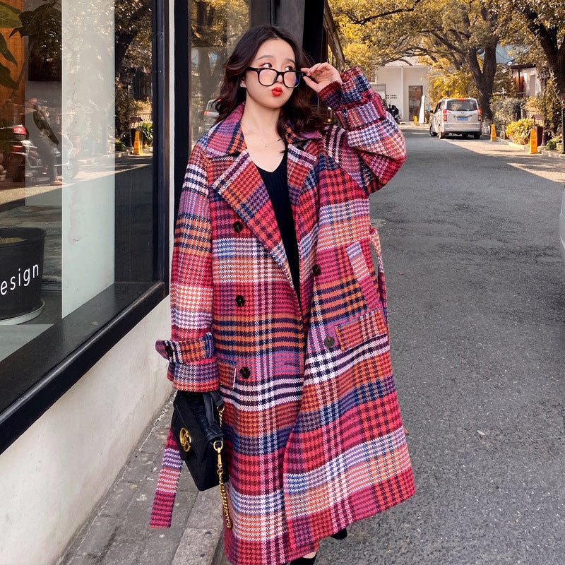 Winter New Plus Size Women's Thick Woolen Retro Check Woolen Coat