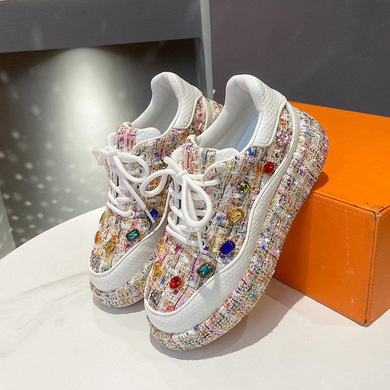 Fashion Platform Loafers, Colorful Tweed Slip-on Shoes With Gemstones, Casual And Comfortable Flat Shoes