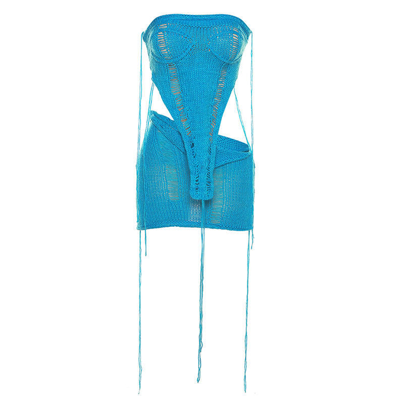 Women's New Knitted Bra Top High Waist Wrap Hip Short Skirt Set