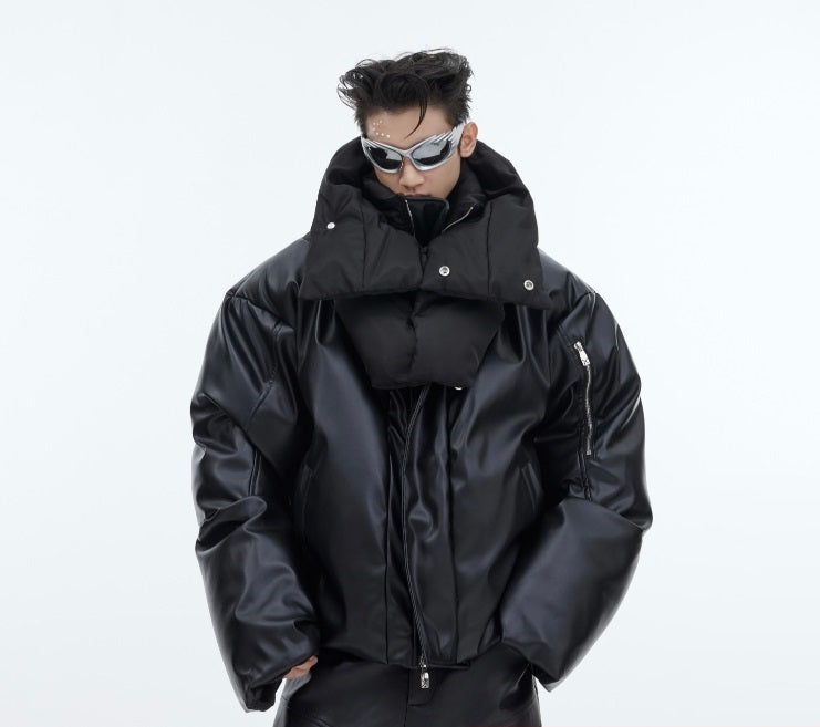 Manteau en coton à double col, veste en cuir PU brillant, surpiqûres, manteau rembourré en coton épaissi.