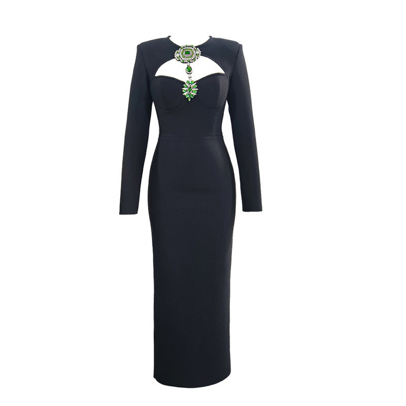 Temperament Long Sleeve Bandage Tight European And American Diamond Dinner Dress