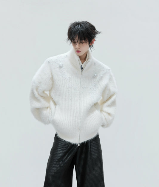 Gilet en peluche à col roulé orné de perles