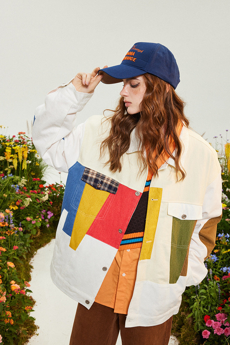 Manteau ample de style américain en patchwork de couleurs contrastées