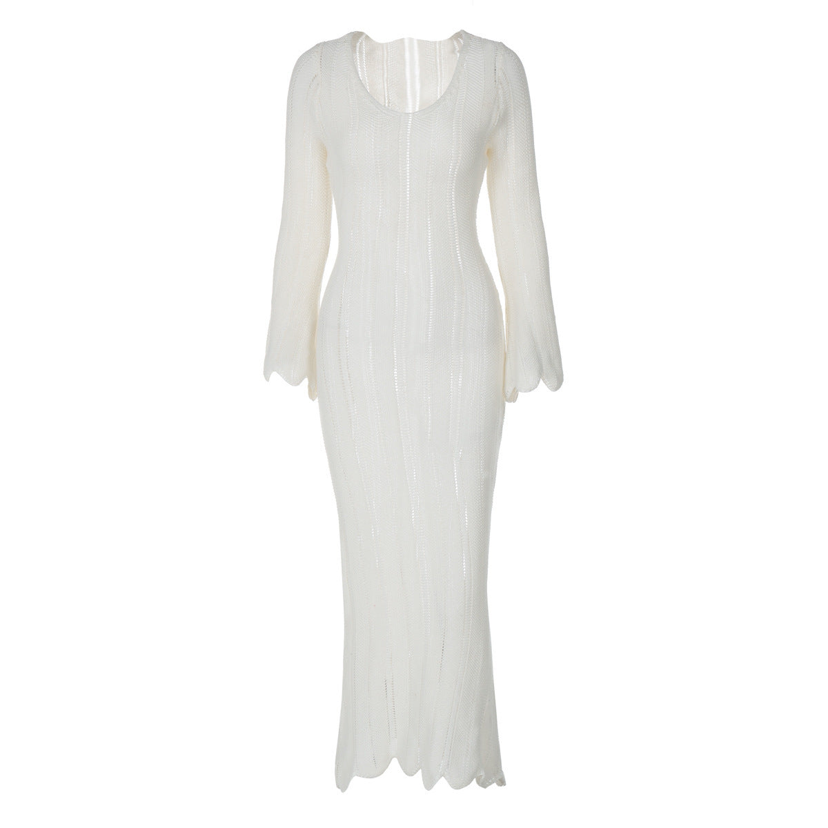Robe en laine de couleur unie à manches longues et col en U, style tendance
