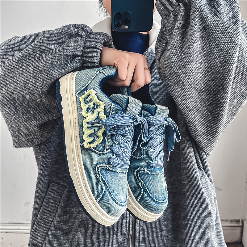 Chaussures en toile rétro décontractées et respirantes en denim à semelles épaisses