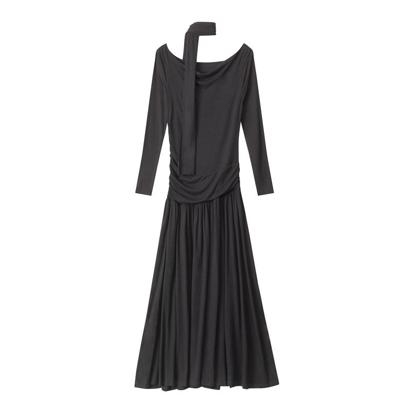 Off-shoulder Collar Dress Women's Spring And Autumn Fitted Waist Pleated Slimming And Long