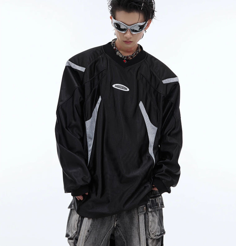 V-collar Contrast Color Padded Shoulder Long Sleeve American Retro Outdoor Sports Top