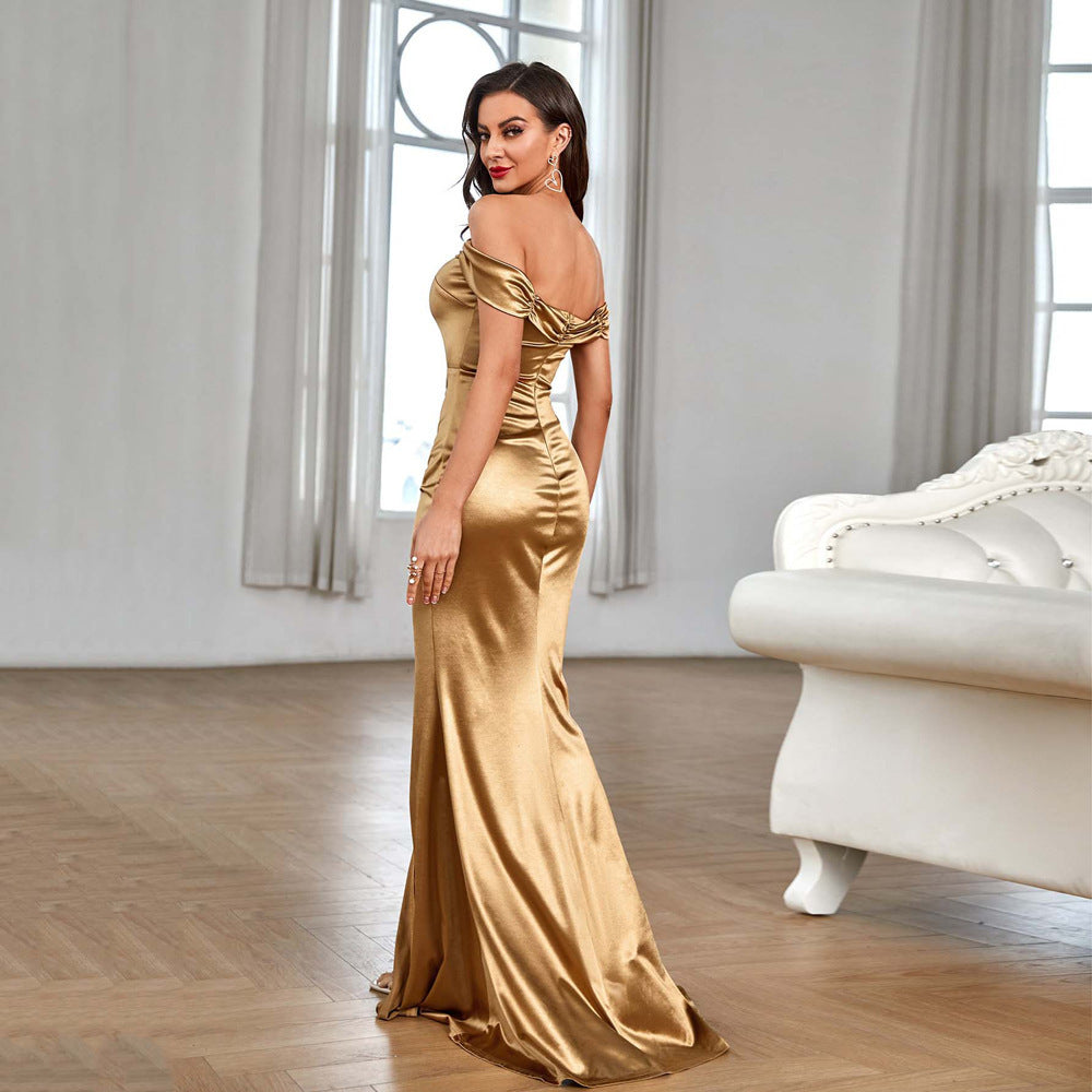 Temperament Fashion One Shoulder Satin Open Evening Dress