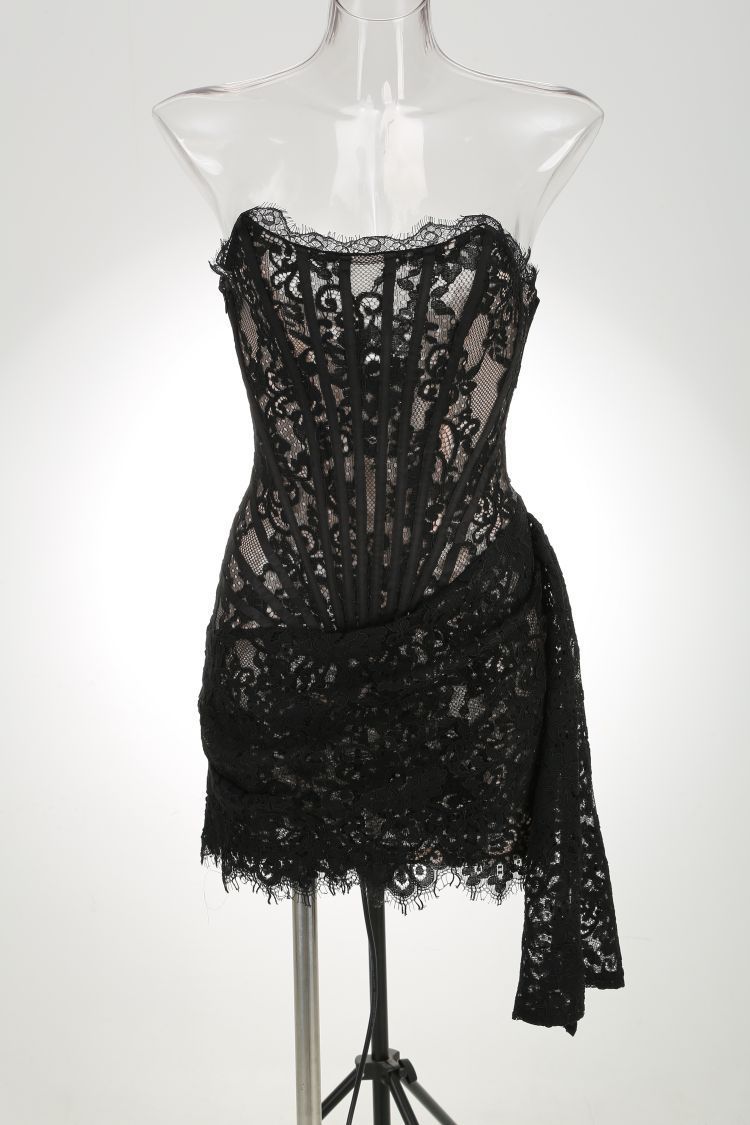 Lace See-through Stitching Waist Tube Top Dress