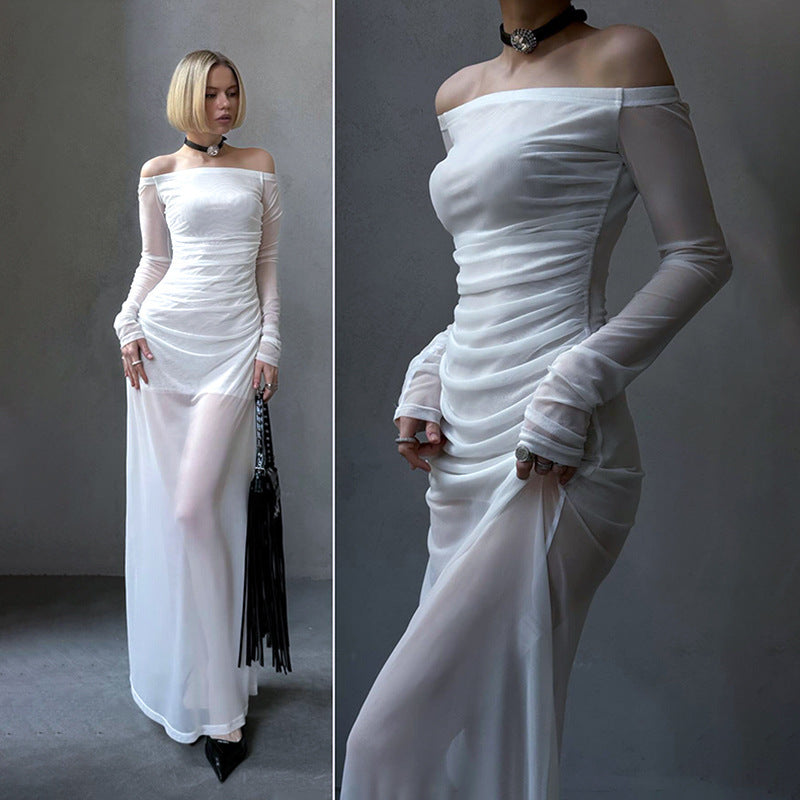 Robe sexy en maille transparente à manches longues et épaules dénudées