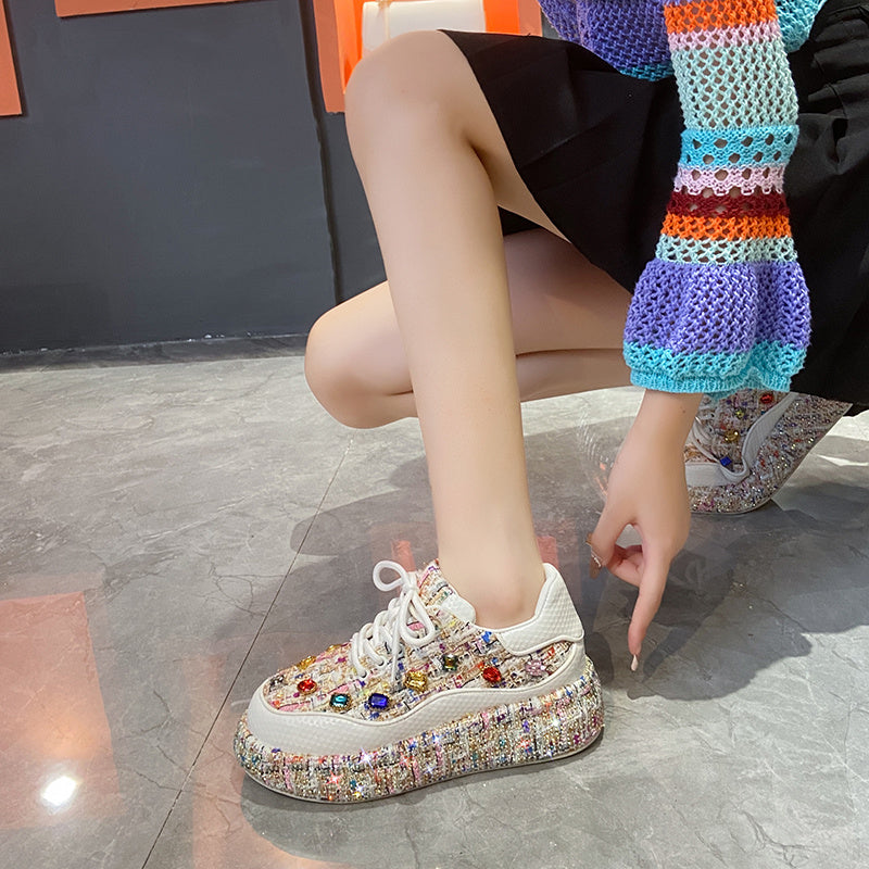 Fashion Platform Loafers, Colorful Tweed Slip-on Shoes With Gemstones, Casual And Comfortable Flat Shoes