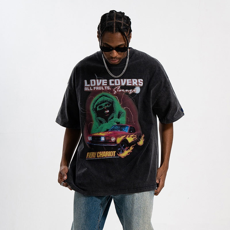 Washed And Worn Loose Retro Street Printing Short-sleeved T-shirt