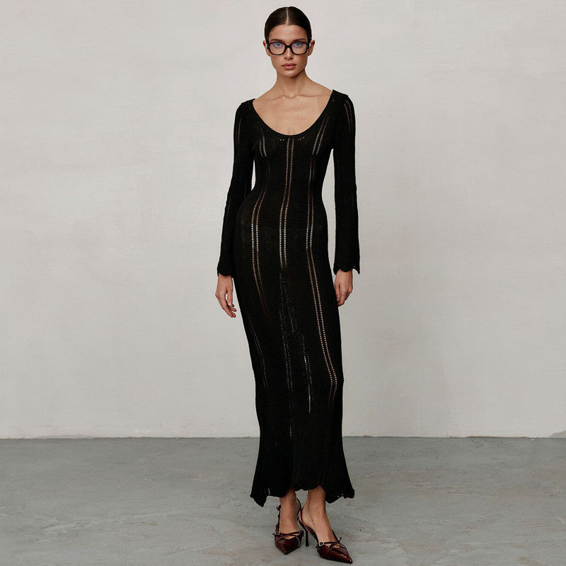 Robe en laine de couleur unie à manches longues et col en U, style tendance