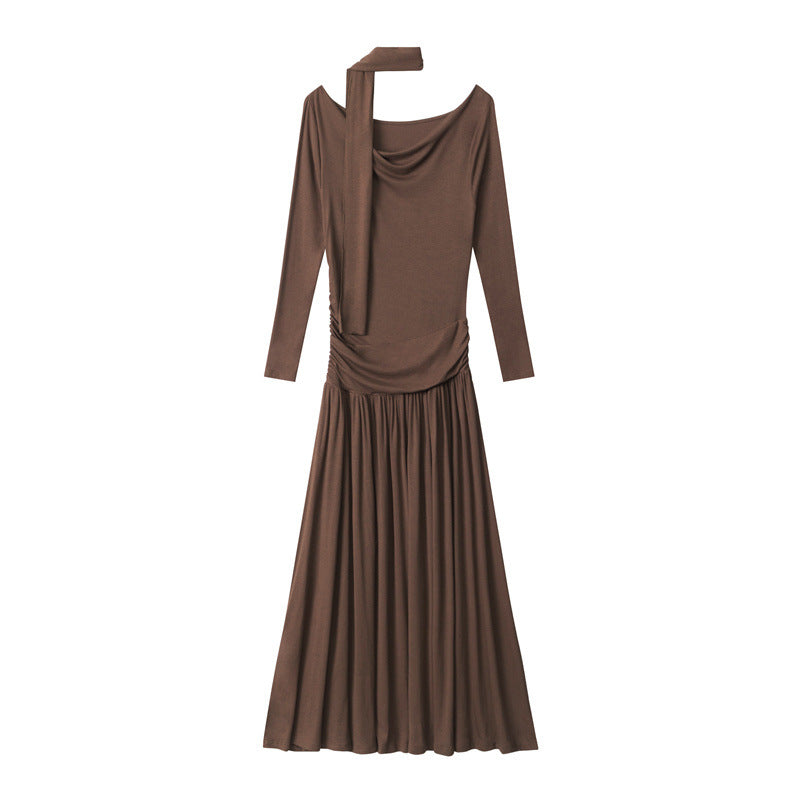 Off-shoulder Collar Dress Women's Spring And Autumn Fitted Waist Pleated Slimming And Long