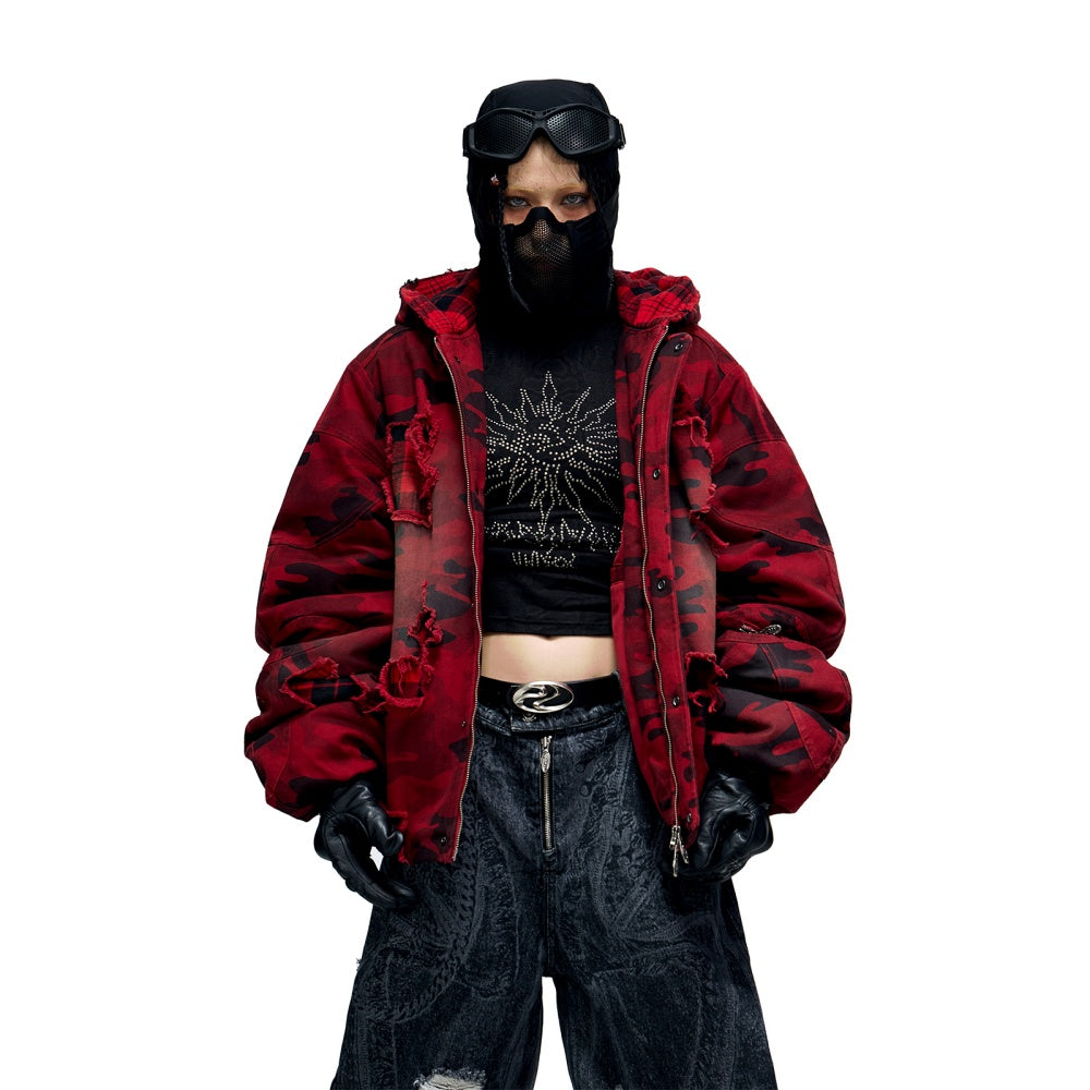 Veste rouge en coton vieilli à capuche perforée à carreaux camouflage