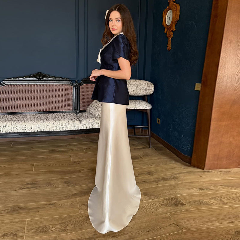 Womens Waist-cinching Short-sleeve Long Dress Set