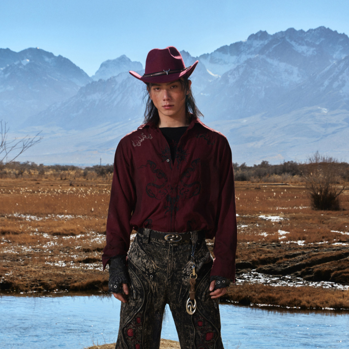 Totem Patterned Wine Red Misty Satin Velvet Shirt