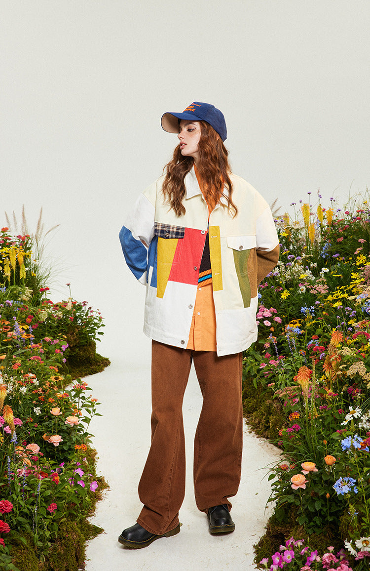 Manteau ample de style américain en patchwork de couleurs contrastées