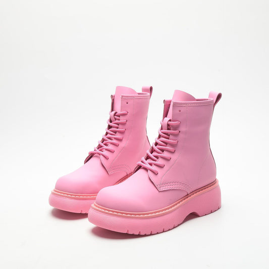 Thick-soled Heightened All-match Cowhide Rose Red Ankle Boots